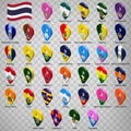 Thirty seven flags the Provinces of Thailand  -  alphabetical order with name.  Set of 3d geolocation signs Royalty Free Stock Photo